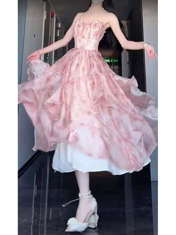 A line Spaghetti Straps Pink Floral Holiday Dress Birthday Dresses Birthday Outfits SD1309
